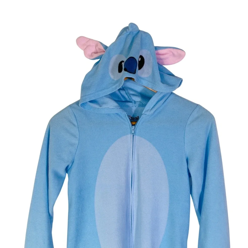 Disney Stitch Blue Fleece‎ Hooded Union Suit One Piece Pajamas Kids Sz 10/12